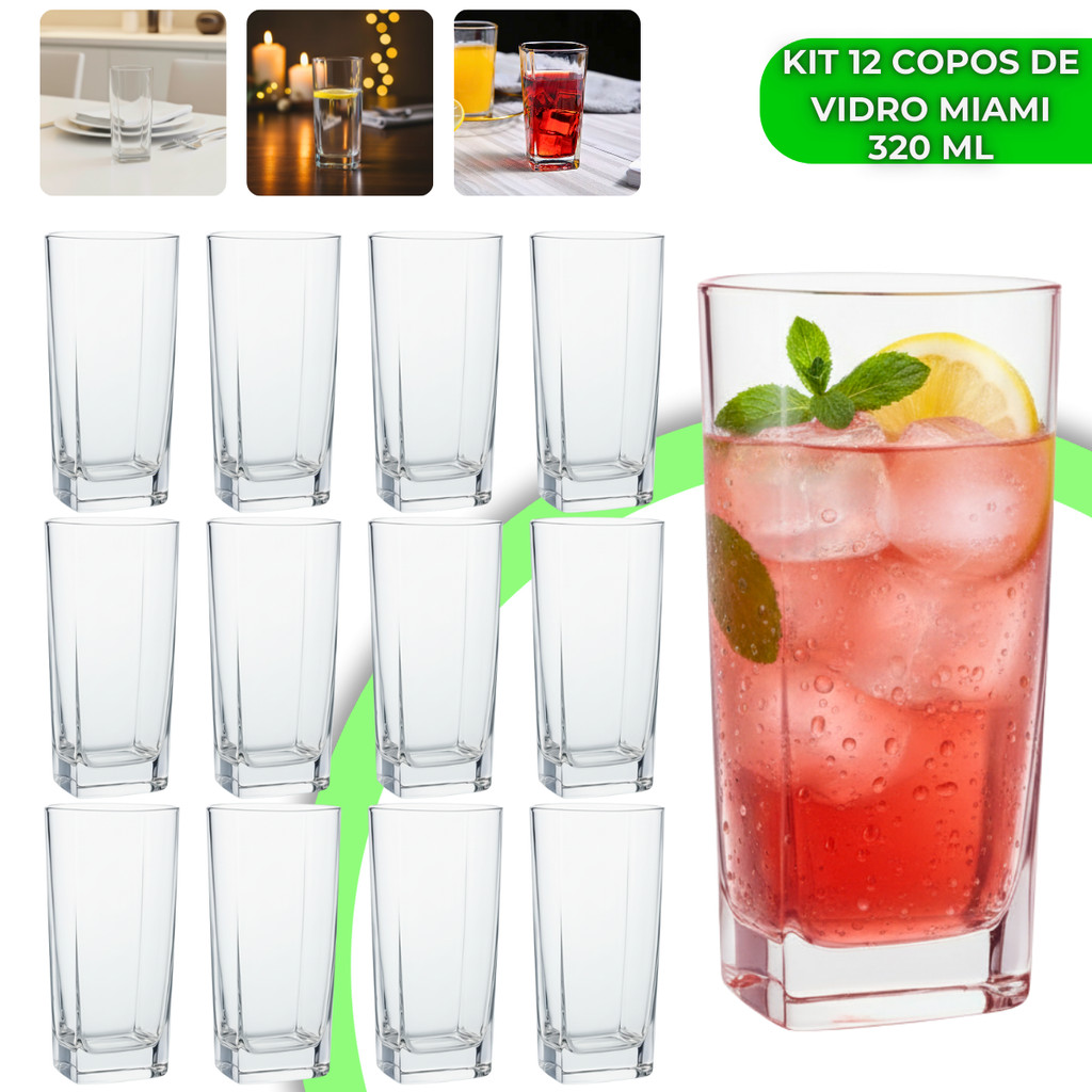 Jogo 12 Copos Miami 320ml Vidro Grosso Moderno Luxo Elegante Quadrado Alto Texas Bali Água Drink