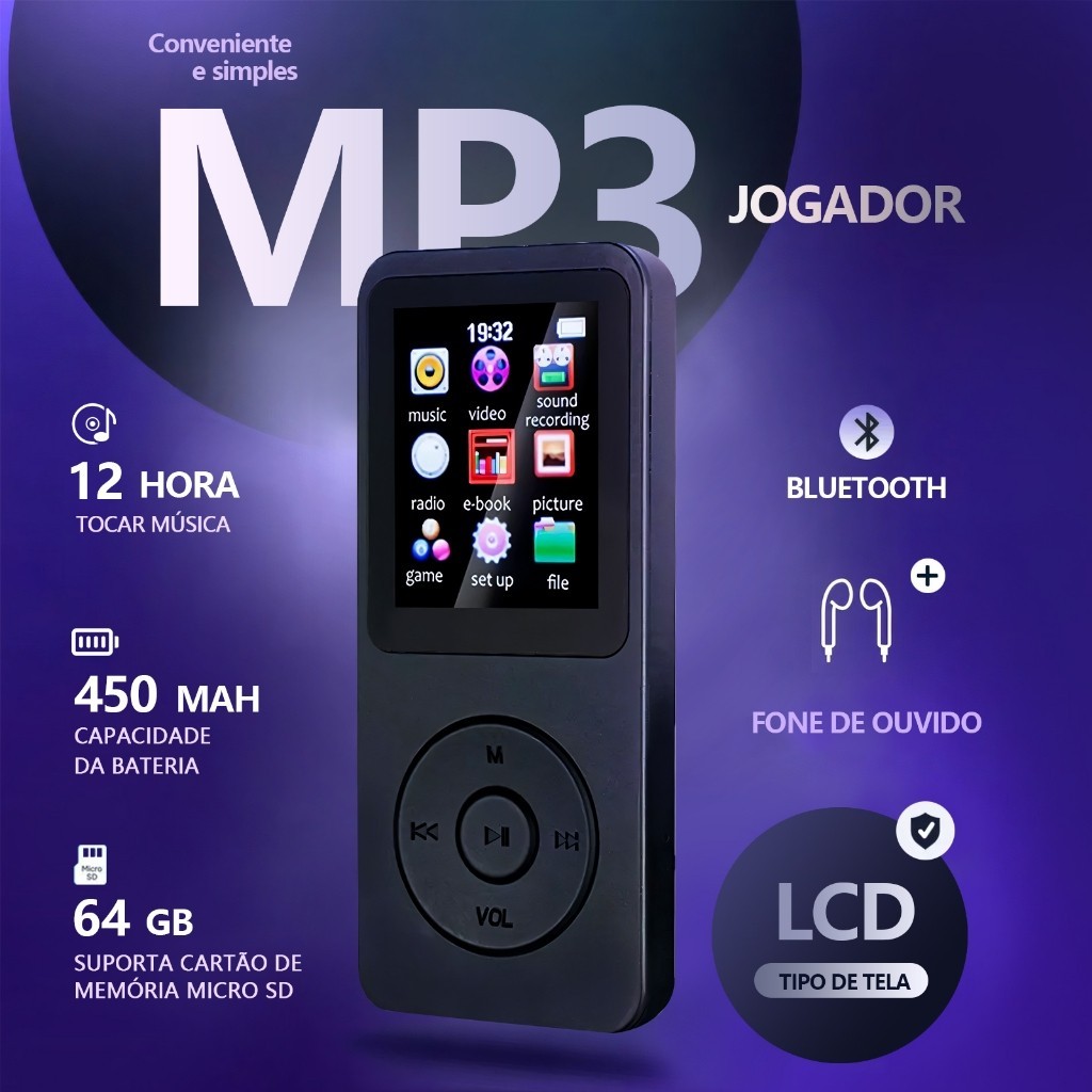 MP3 Player Bluetooth 5.0 HIFI Esportes Música Alto-falante MP4 Mídia Rádio FM Gravador E-Book