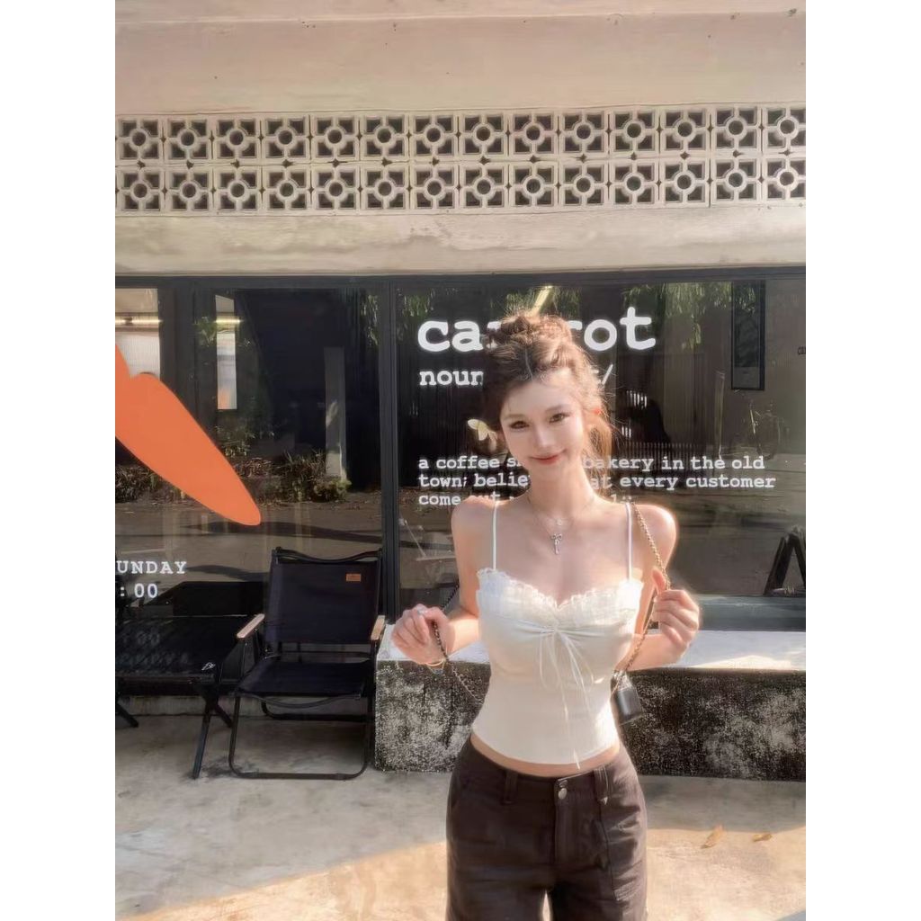 Camisola de renda com laço de luar branco feminino High-End Slim fit sem mangas lindas costas doce Top de menina quente