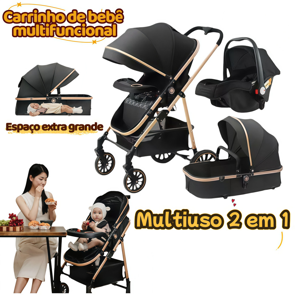 Carrinho 3 em 1 Portátil Do Recém-carrinho de bebê Grande Dobra com 1 Mão | Inclui Berço e Ovo (Bebê Conforto)