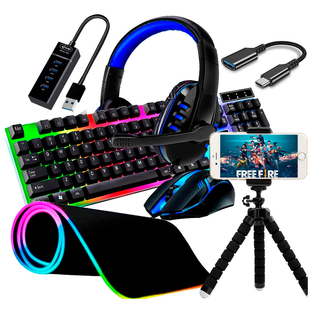 Kit Gamer Completo Mobilador Celula Teclado Mouse Rgb Tripe