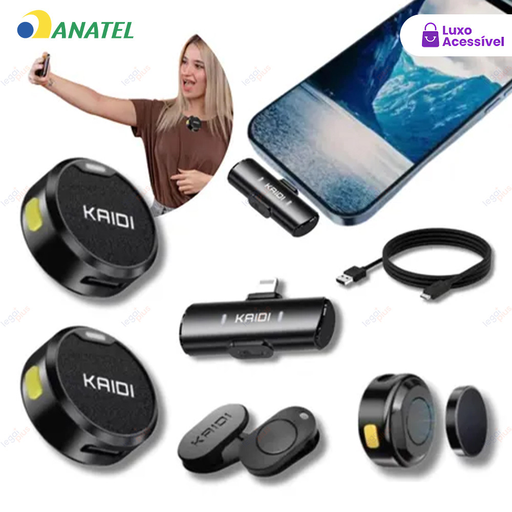 Microfone Lapela Sem Fio Duplo Kaidi Profissional: Cancelamento de Ruído, Imã Forte e Conexão USB-C/iPhone para Celular