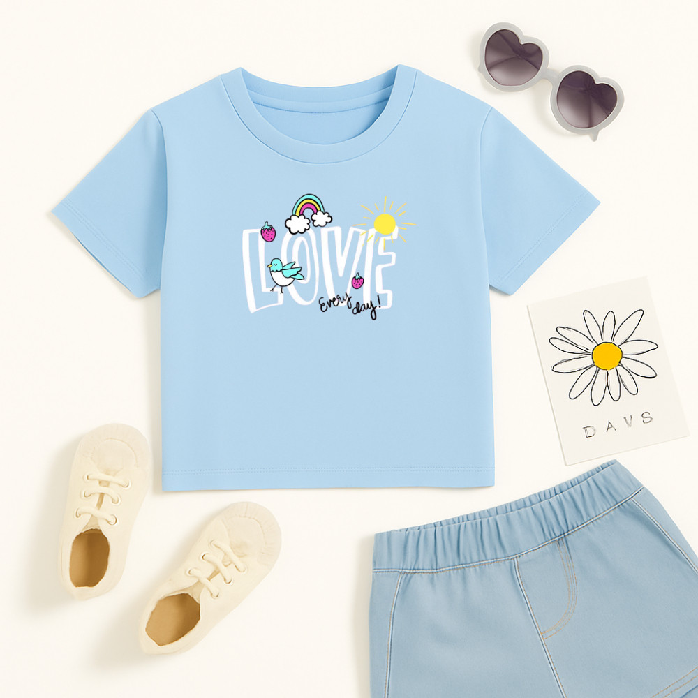 Camiseta Algodão Infantil Estampado Love Every Day 915 Blusa de Criança Feminina Fofa Delicada