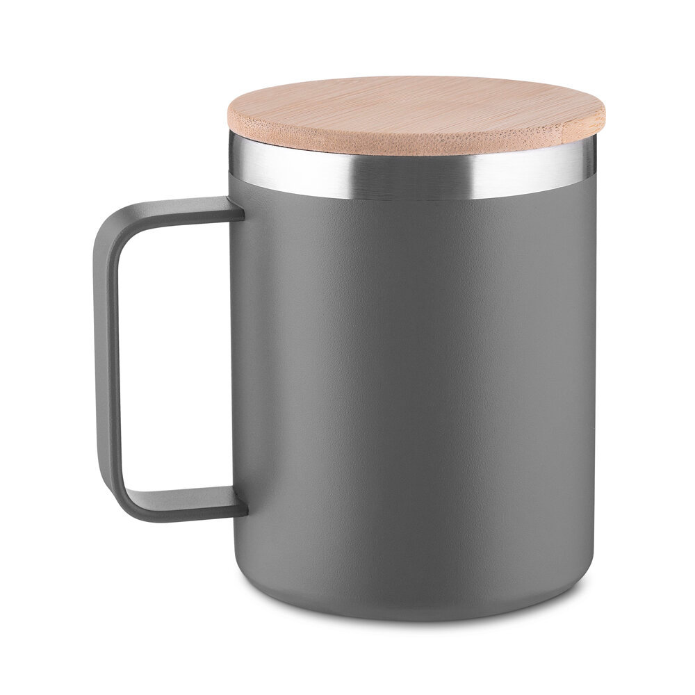 Caneca Térmica 400ml Cinza Parede Dupla com Tampa de Bambu – Inox Sustentável