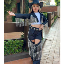 Conjunto Infantil Boiadeira Preto com Chapéu 4 Peças Country para Rodeio e Festa Rainha