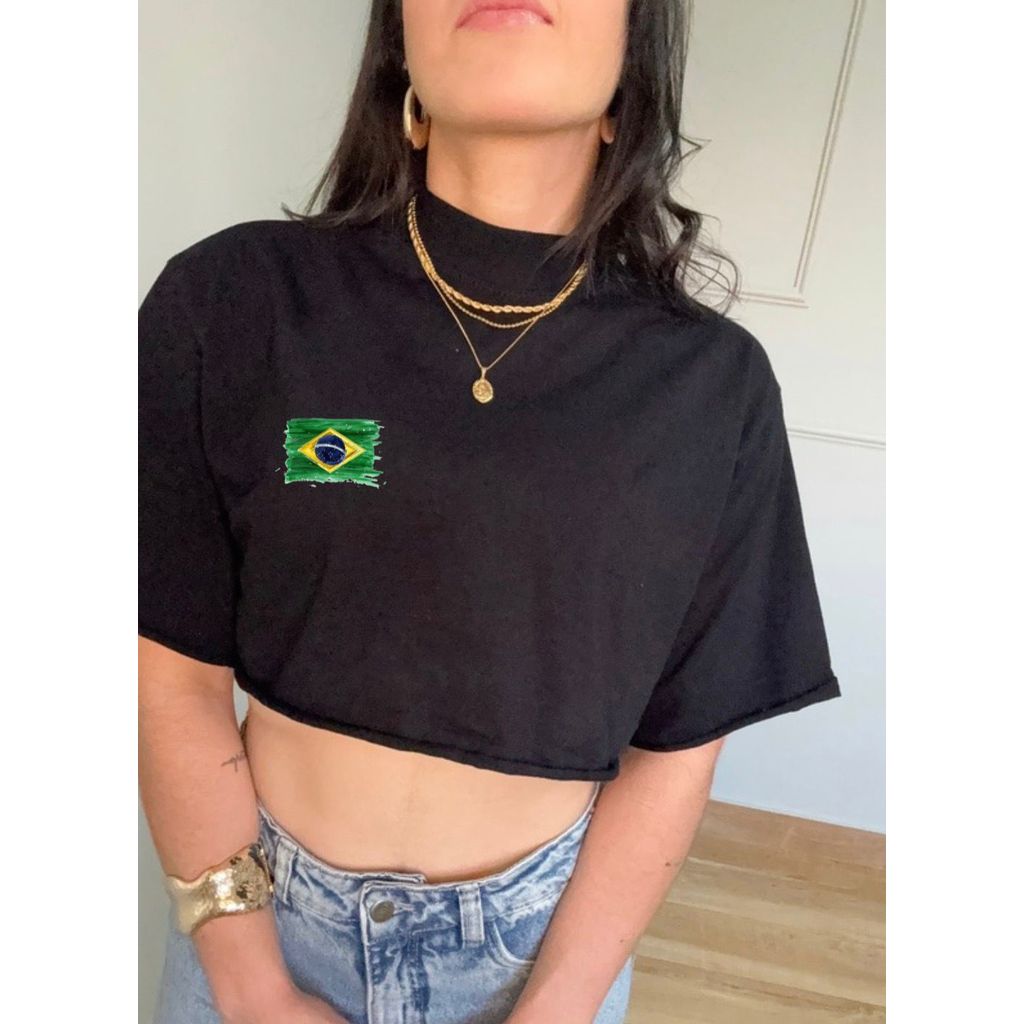 Cropped Camiseta Bandeira do Brasil Estilosa Copa 2026 Oversized Tshirt Cropped Tendência Algodão Básica Estilosa