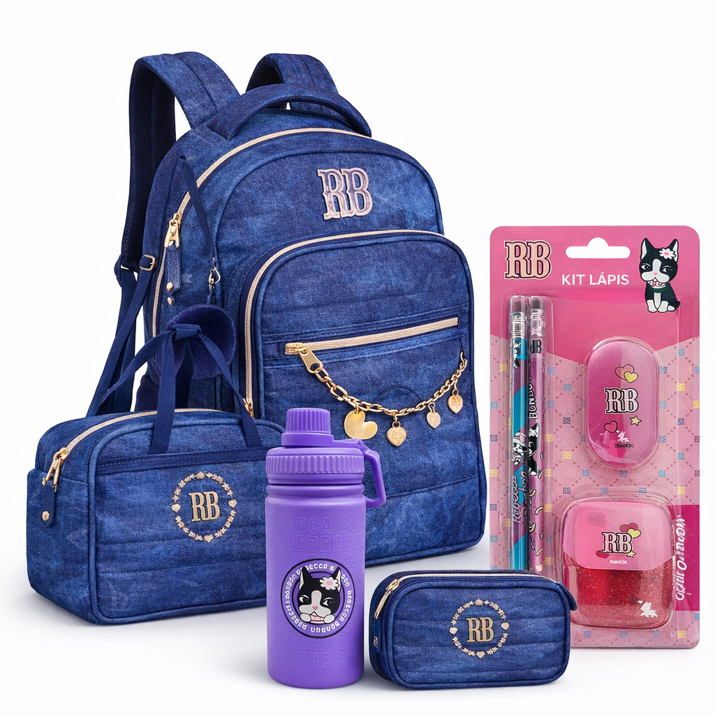 Kit Jeans Rebecca Bonbon Mochila Escolar  , Lancheira Térmica Lápis e Estojo Box em Oferta na Shopee