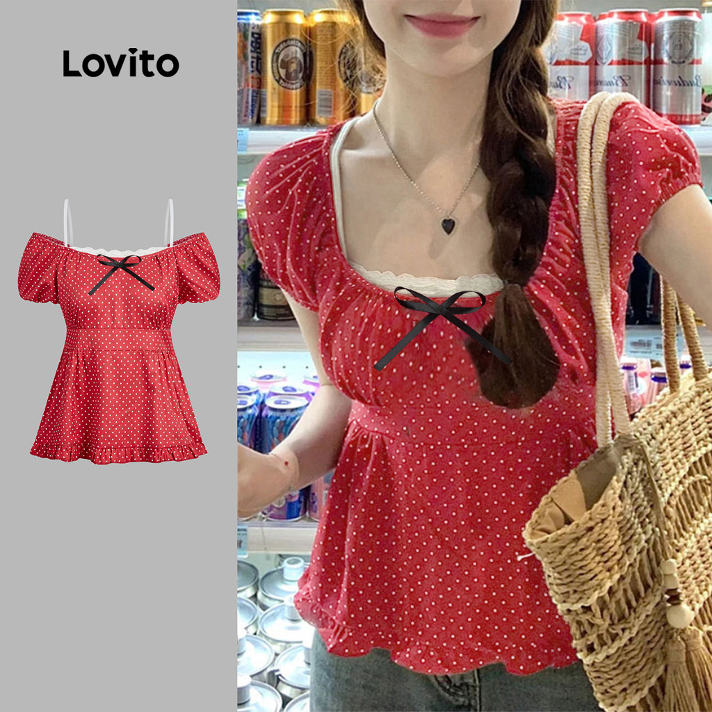 Lovito Blusa Feminina Fofa Com Laço Vermelha Para Primavera/verão L159AD406 em Oferta na Shopee