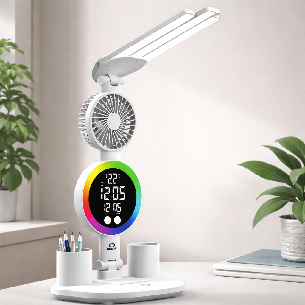 Luminária de Mesa Touch com Ventilador Display Digital Relógio Alarme USB Ajustável 180° 3 Modos de Luz ON-LM312