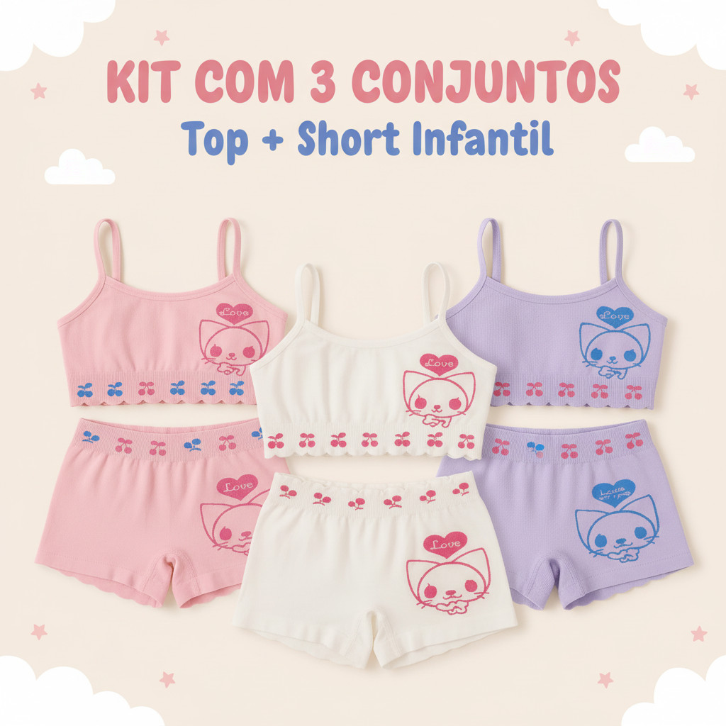 KIT 3 Conjuntinho Infantil 6 Peças Top e Short Estampado Feminino Menina 4 a 10 Anos
