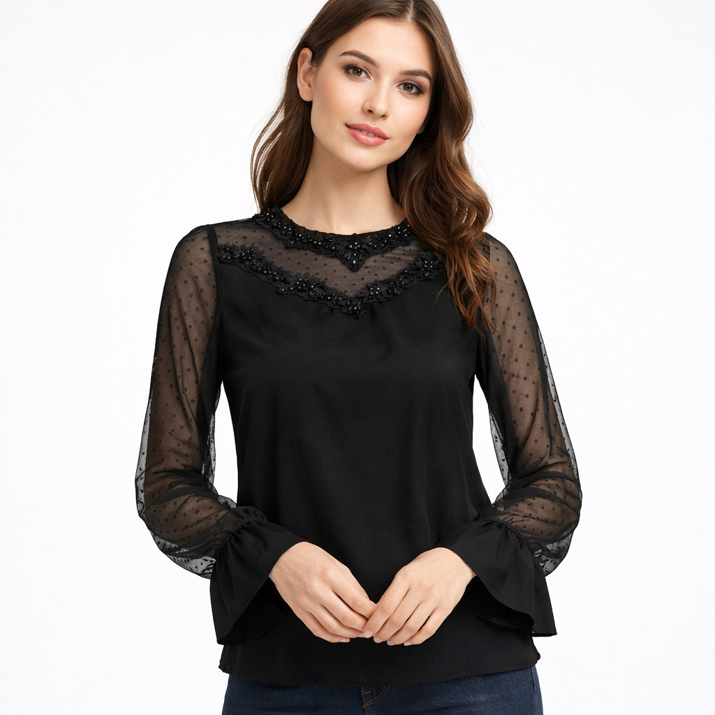 Blusa Feminina Manga Longa Com Transparência Pedrarias Gola V Z5002