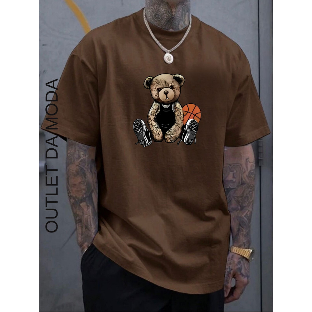 Camisa Camiseta Masculina Urso Basquete Camisa 100% algodão malha premium