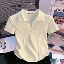 Lovito Casual Branca Camiseta De Verão Com Modelagem Básica E Linhas Estruturadas Para Mulheres LNM67139