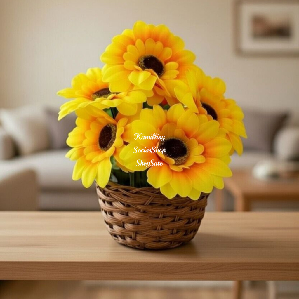 Arranjo Completo De Buquê Girassol Com 5 Flores + Vasinho Em Fibra Sintética Marrom Decoração Enfeite