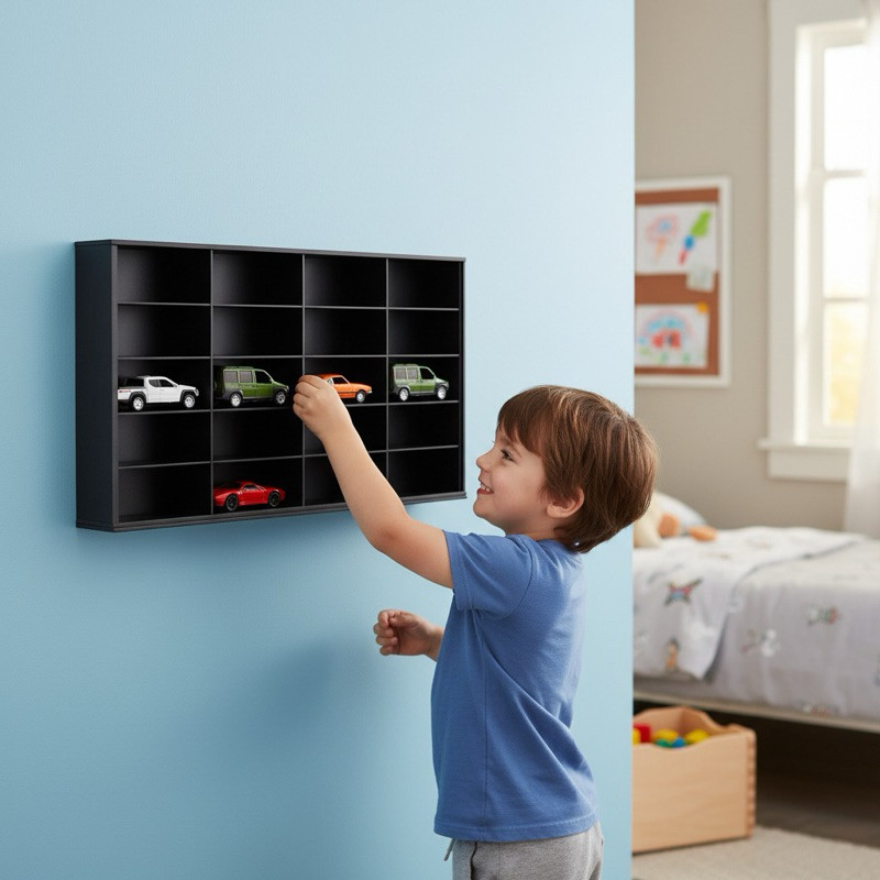 expositor  para 20 carrinhos escala1.43 em mdf pintado cor preta +acrilico em Oferta na Shopee