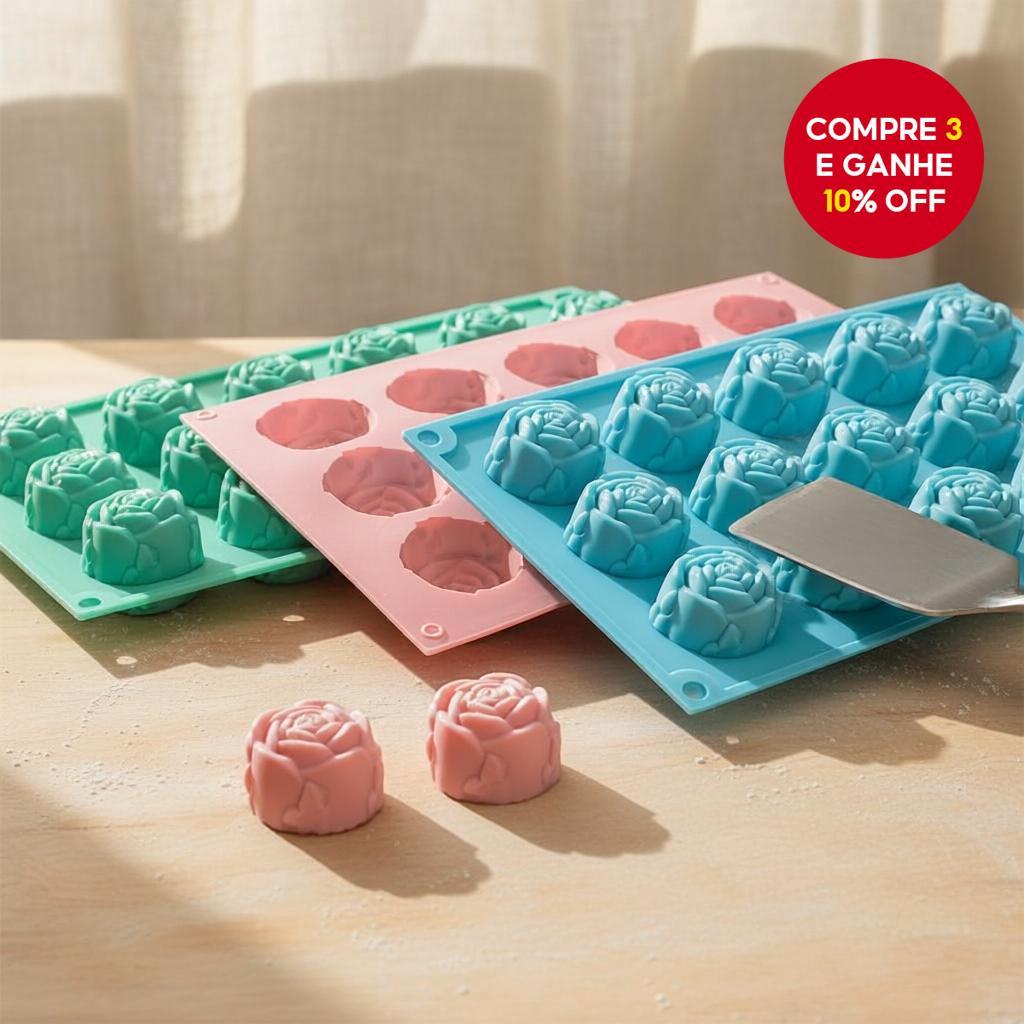 1 peça de molde de bolo de rosa de silicone, 15 cavidades de molde de chocolate, molde de sobremesa de pudim para