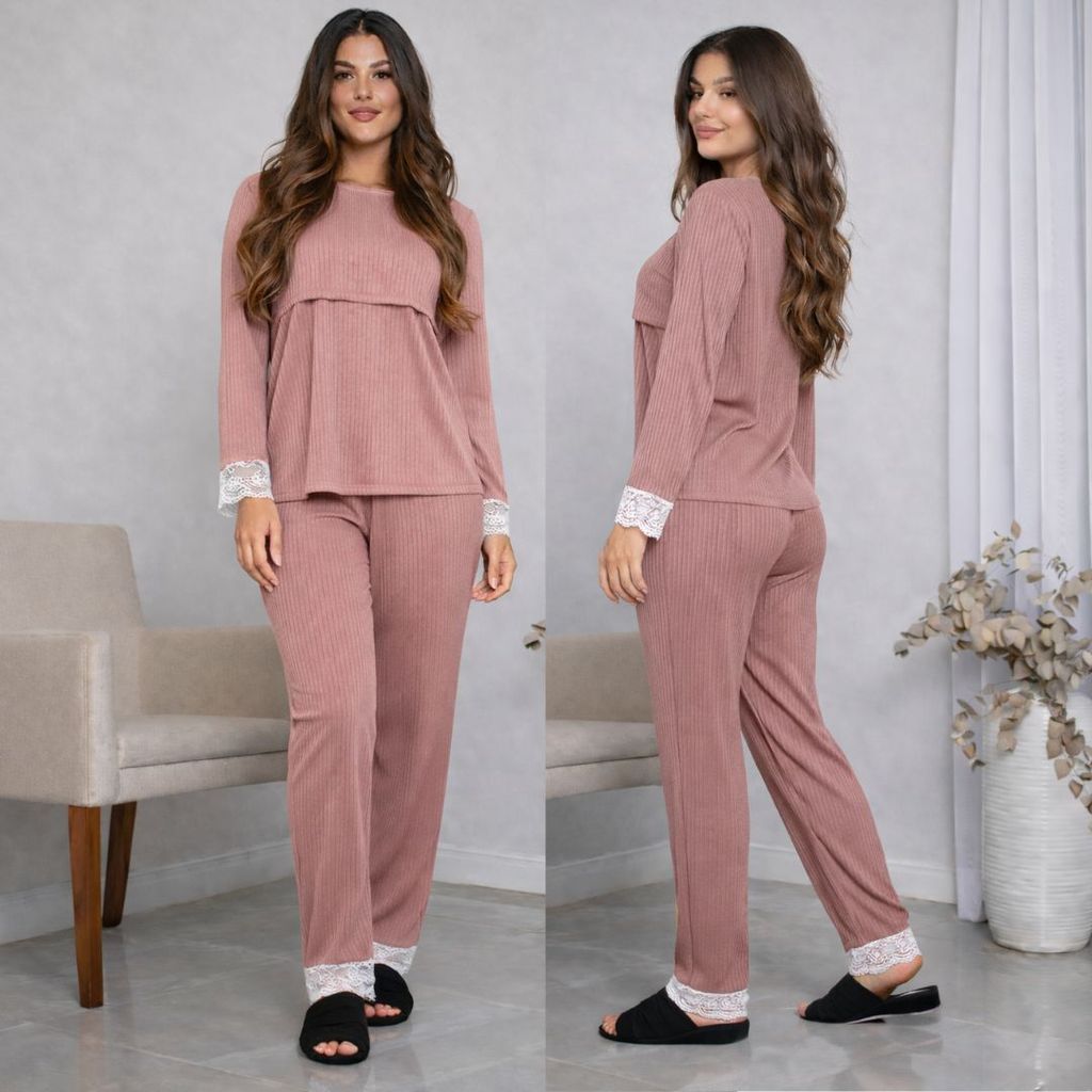 Pijama Amamentação Canelado Longo Feminino Maternidade em Oferta na Shopee
