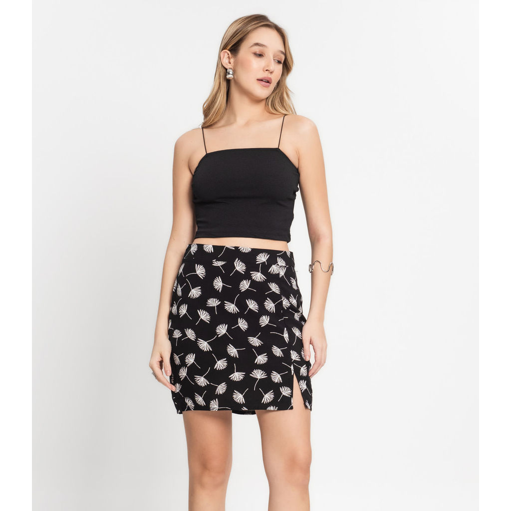 Conjunto Feminino Saia Estampada e Cropped Select Preto