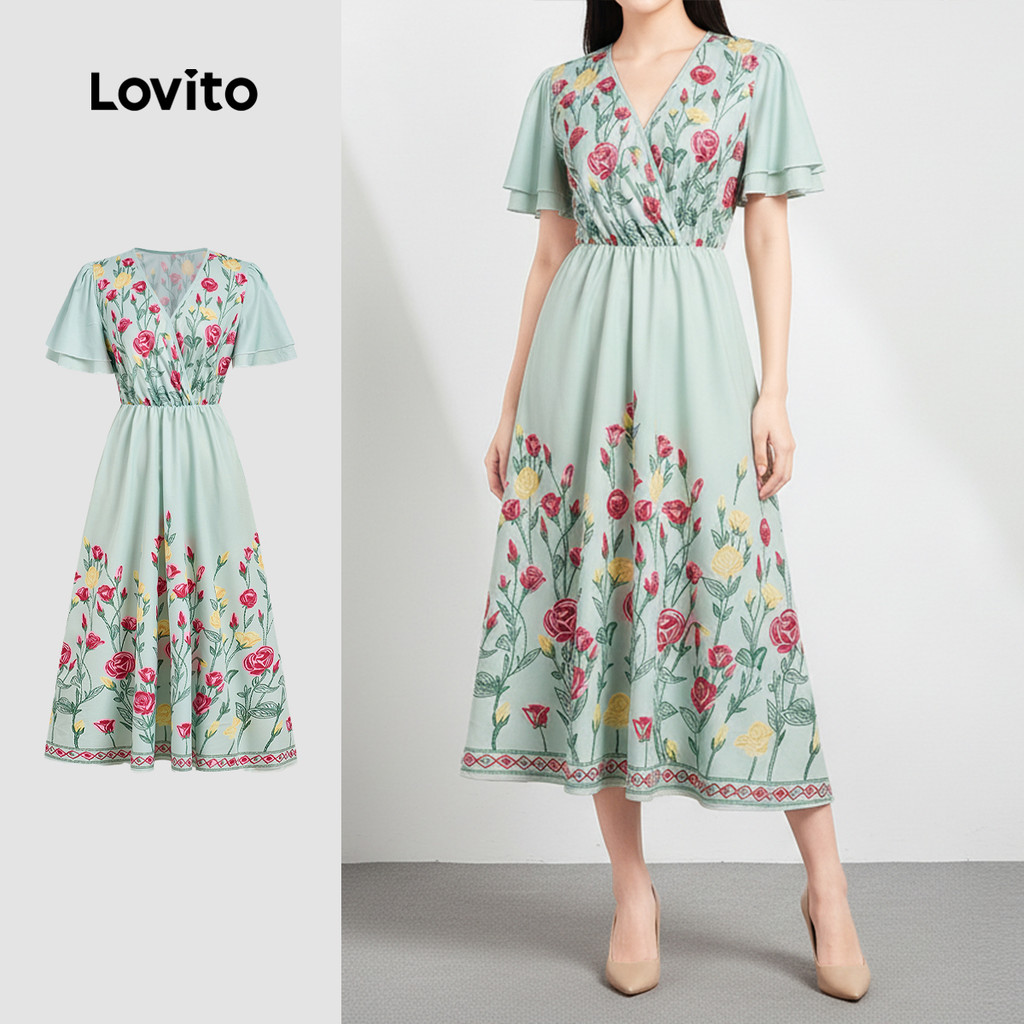 Lovito  Padrão de Vestido Casual Babado Na Bainha Primavera/verão Vestido para Mulheres L178ED550 em Oferta na Shopee