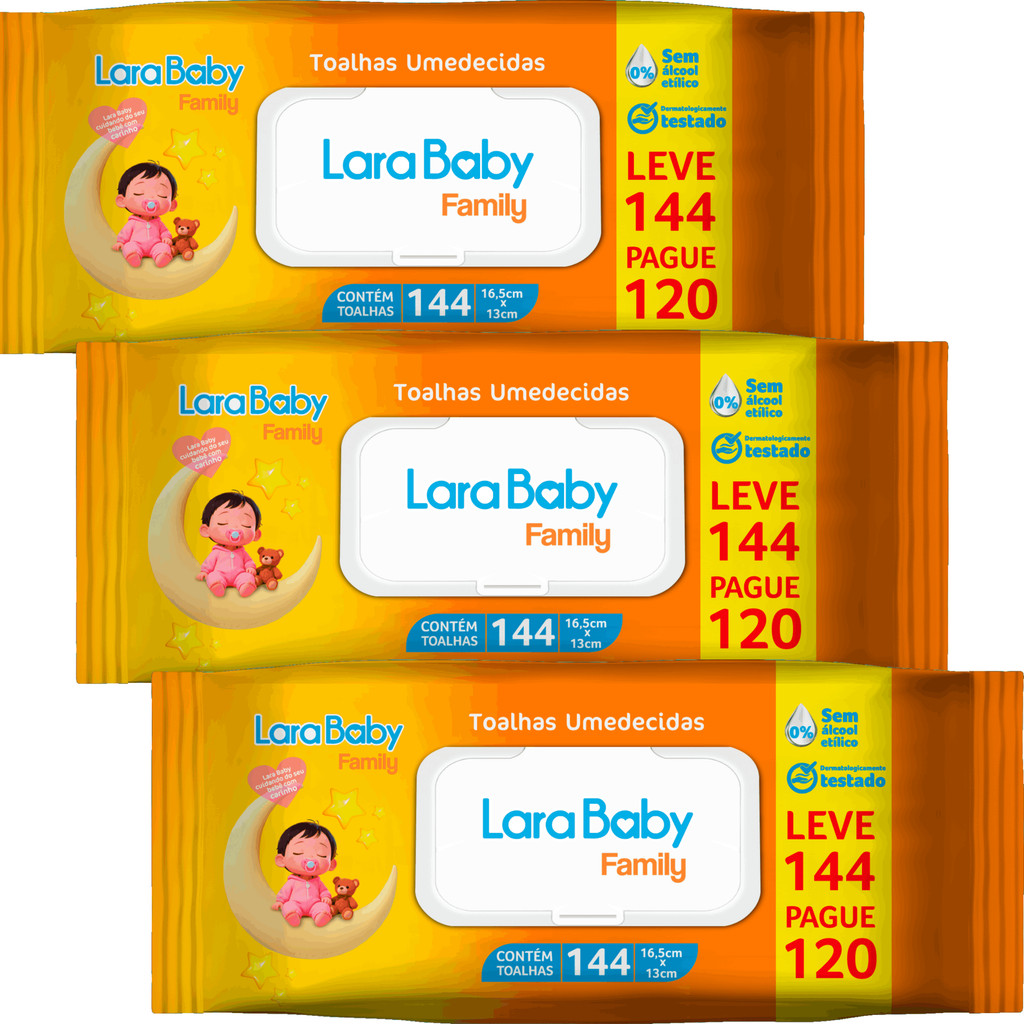 Kit C/3 Lenço Umedecido Lara Baby Family 144 Unidades Total 432