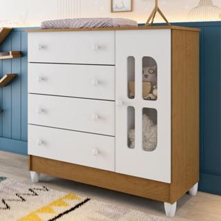 Cômoda Infantil 4 Gavetas com Porta Fraldário Gabrielle 100% MDF Branco Bétula em Oferta na Shopee