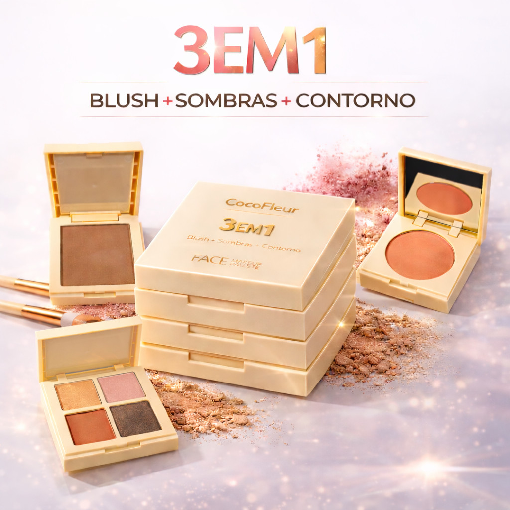 CocoFleur Paleta 3 em 1 Blush Sombra e Contorno com Espelho Compacta 13,4g Maquiagem Completa