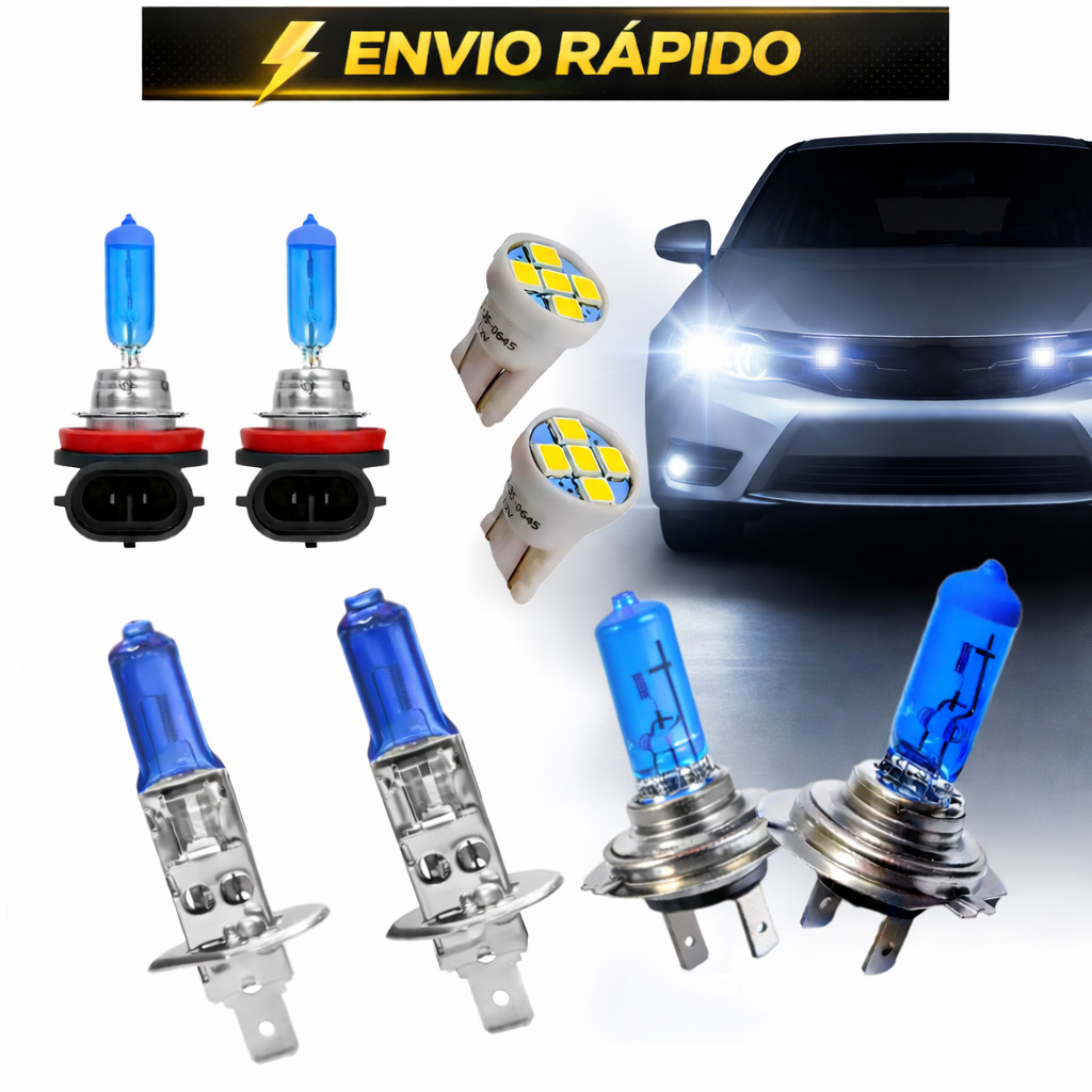 Kit Par Lampadas Para Farol Alta Baixo Milha e Lanterna H1 H7 H11 E T10 Super Branco Duplo Foco