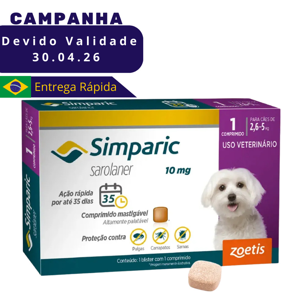 Simparic Cães De 2,6 A 5 kg Antipulgas Carrapatos Sarnas 1 Comprimido VENC ABR26 em Oferta na Shopee