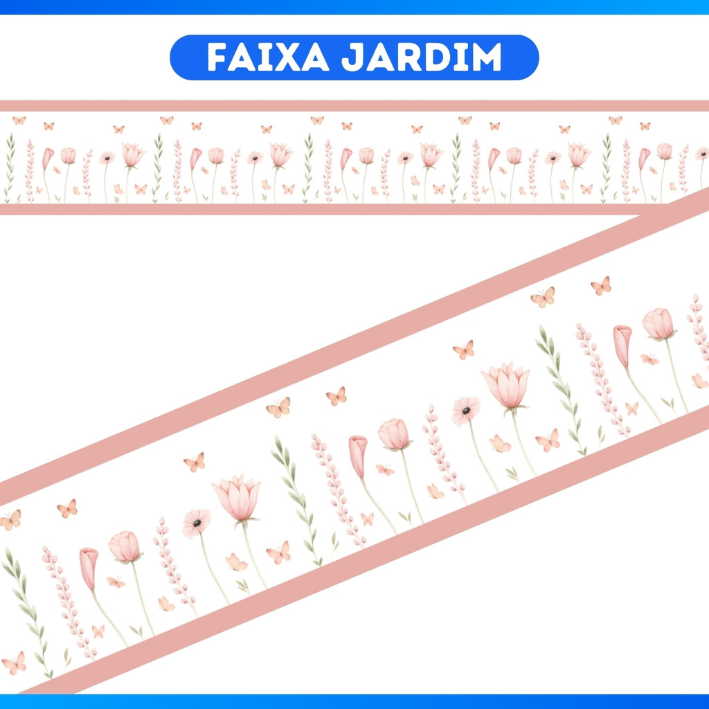 Faixa de Parede Decorativa Jardim Suspenso Flores e Borboletas Rosa Aquarela - Oferta
