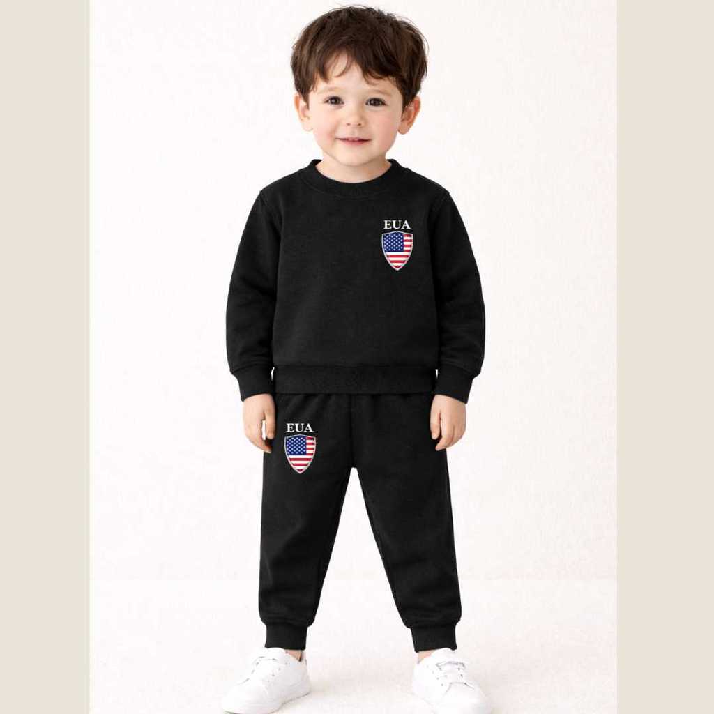 Conjunto Moletom Infantil EUA Agasalho Blusa Calça Inverno Roupa de Frio Menino Felpado Premium