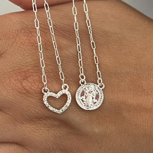 Escapulário Coração e Medalha de São Bento Prata Com Garantia