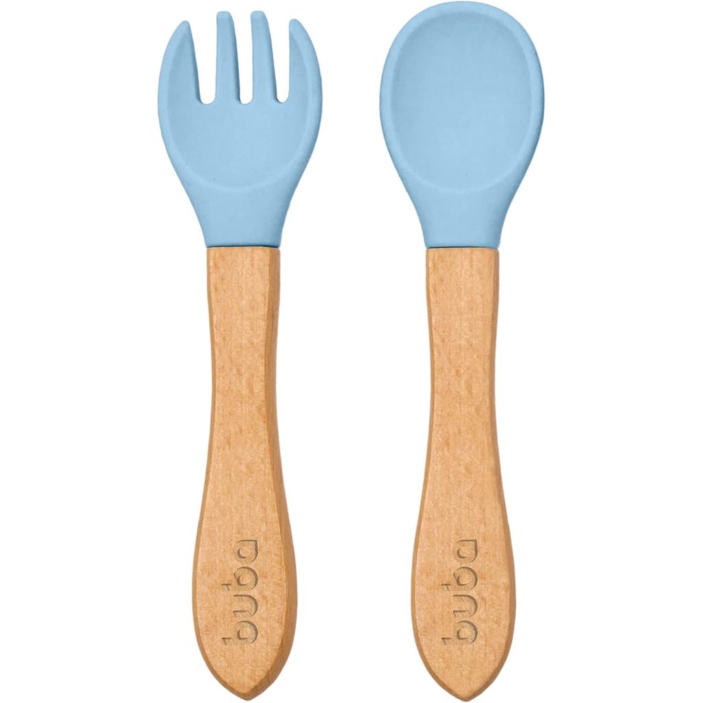 Kit Talheres Infantil Bambu c/ Cabo em Silicone - Azul - Buba