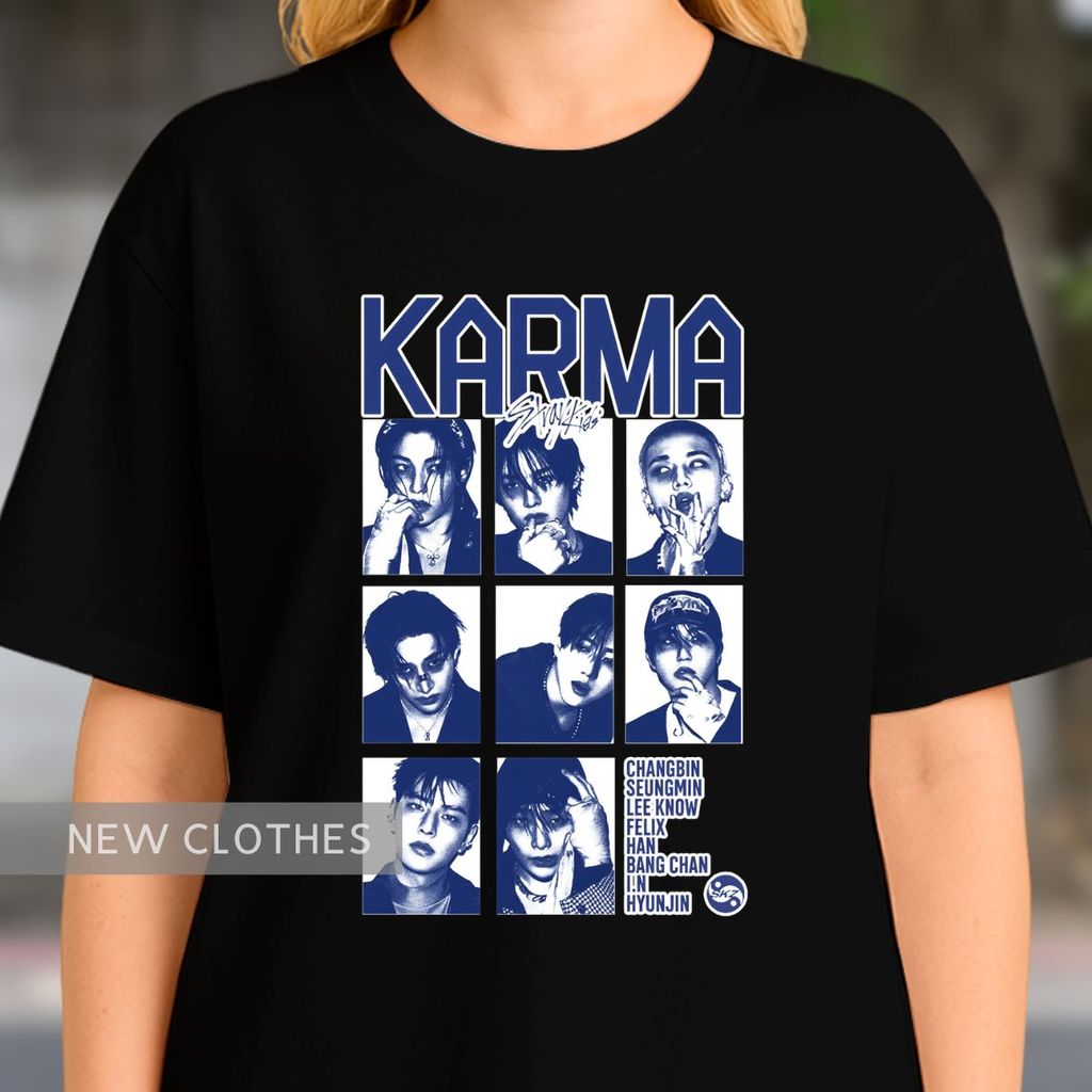 Camisa Stray Kid Grupo Completo Estampa Karma Visual Grunge Kpop Streetwear Azul Royal Estilo Alternativo Indie Skz
