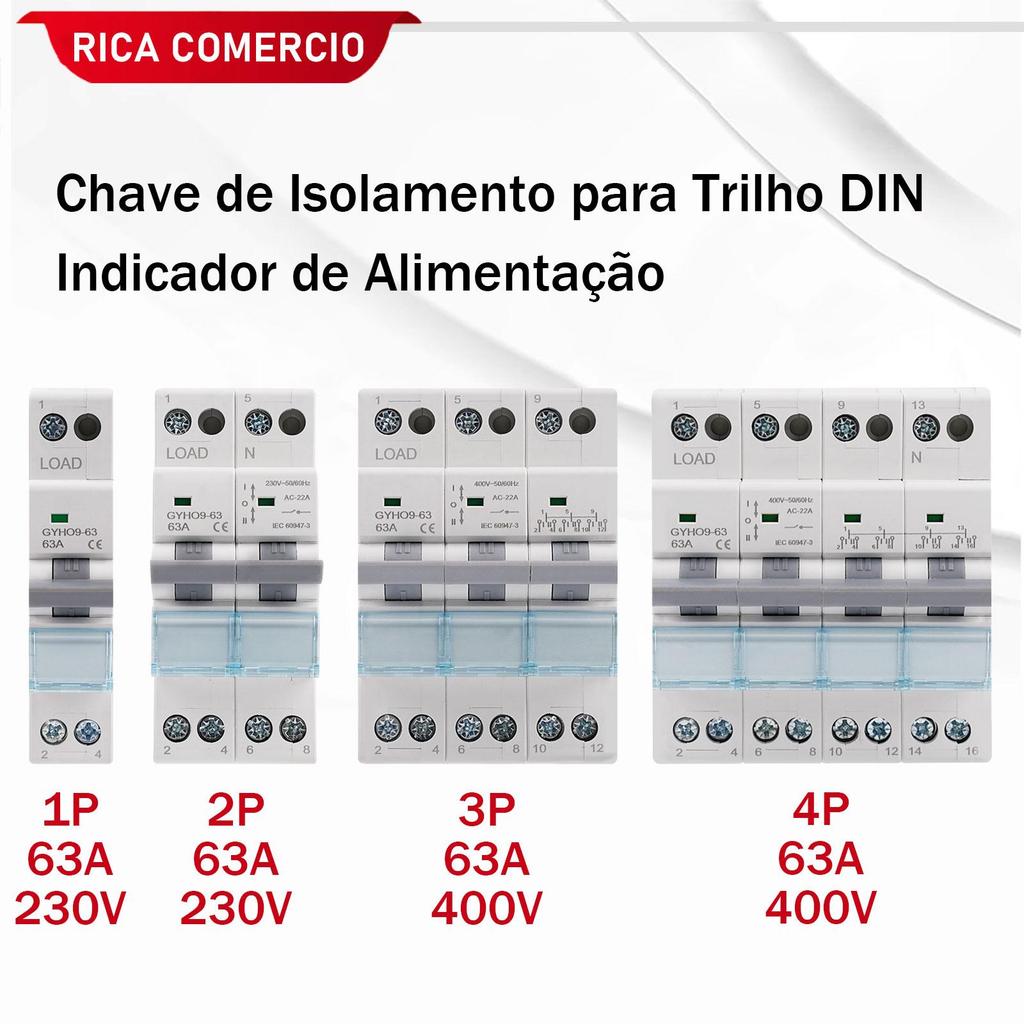 Chave de Transferência Manual GYHO9-63 para Trilho DIN com Indicador de Energia 1P/2P/3P/4P 230V/400V 63A