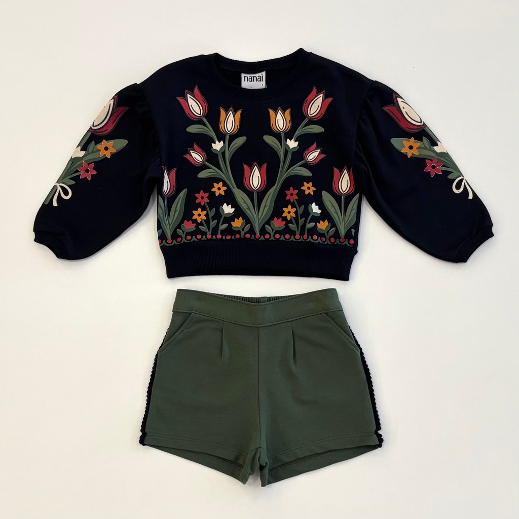 Conjunto Infantil Menina Nanai Casaco Preto Flores e Shorts Verde Inverno Moda Kids 6000406