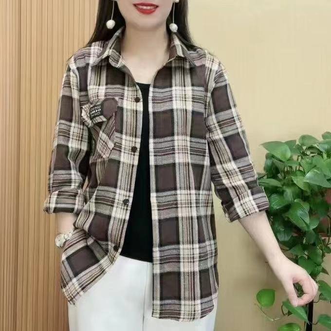Mulheres de meia-idade verão protetor solar jaqueta feminina fina manga comprida camisa xadrez All-Match lapela Casual s