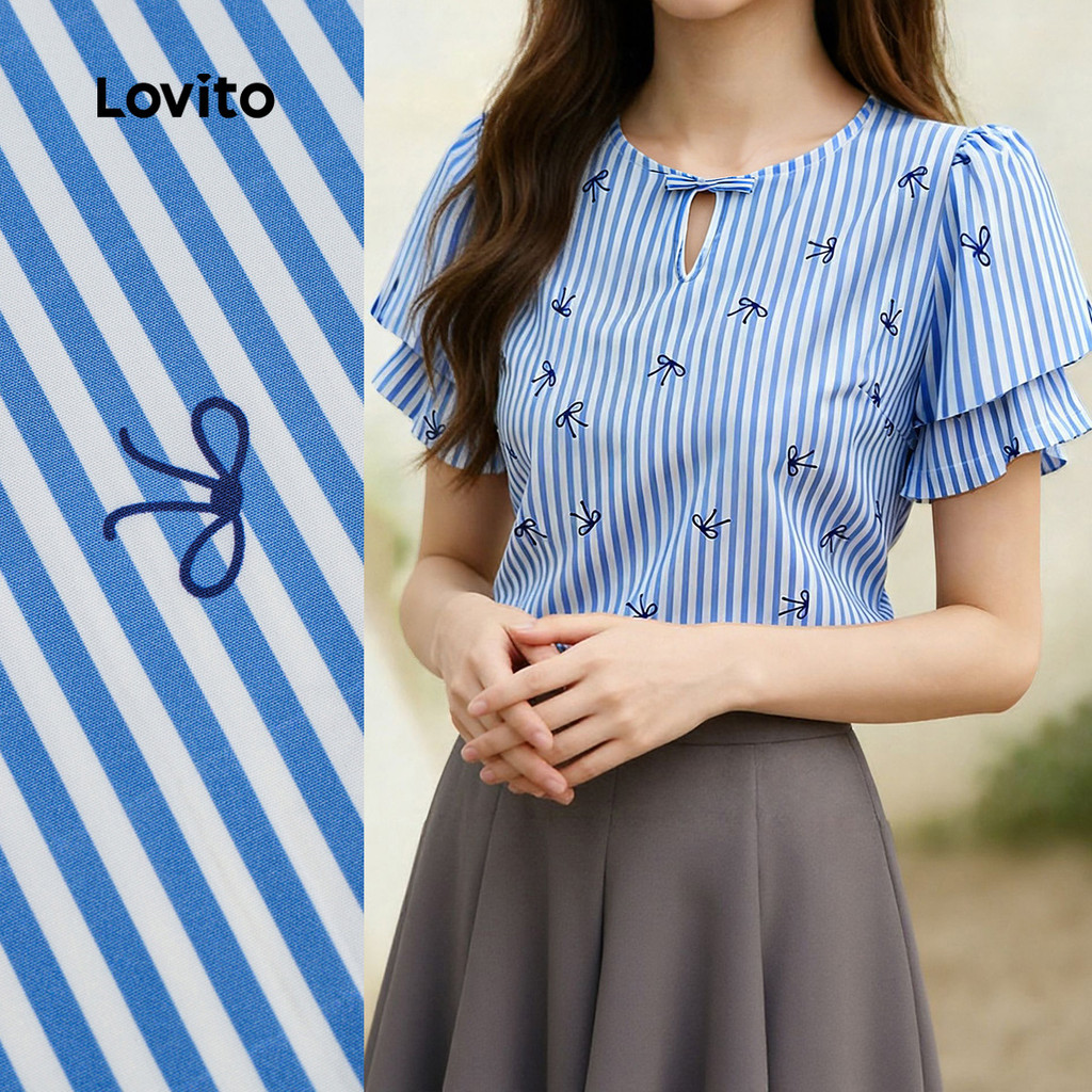Lovito  Blusa Casual Dupla Camada Arco Frontal Listra Lateral Primavera/verão Azul para Mulheres L172ED381 em Oferta na Shopee