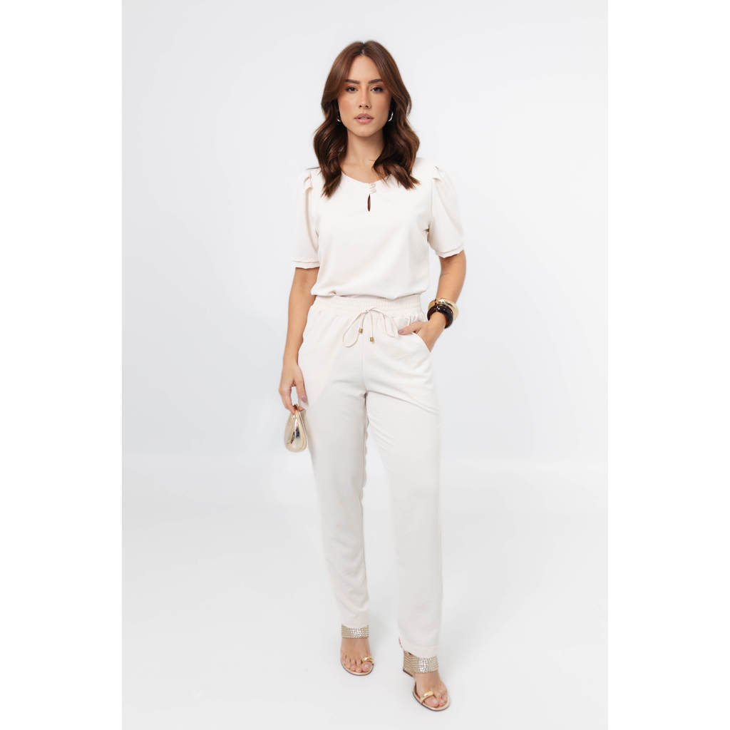 Conjunto Com Blusa Com Detalhe Frontal Delicado E Calça Com Elástico E Amarração - Leonora em Oferta na Shopee