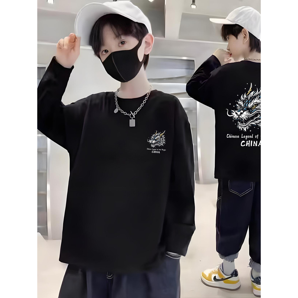 Meninos 100% algodão roupas de outono manga comprida camiseta novo estilo médio grande crianças soltas primavera outono 