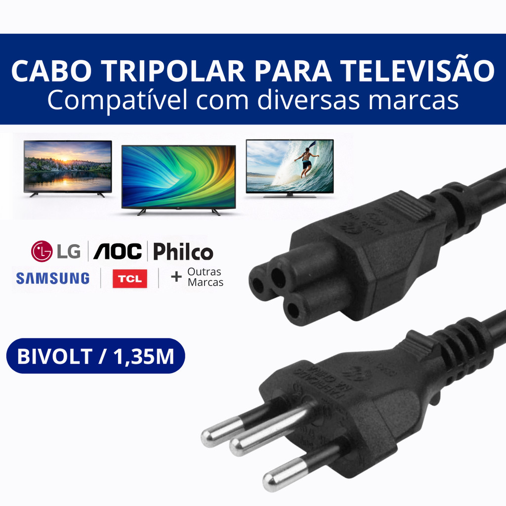 Cabo Tripolar para TV  Bivolt 1,35m - Cabo de Energia para Televisão Smart TV LED LCD Alta Qualidade