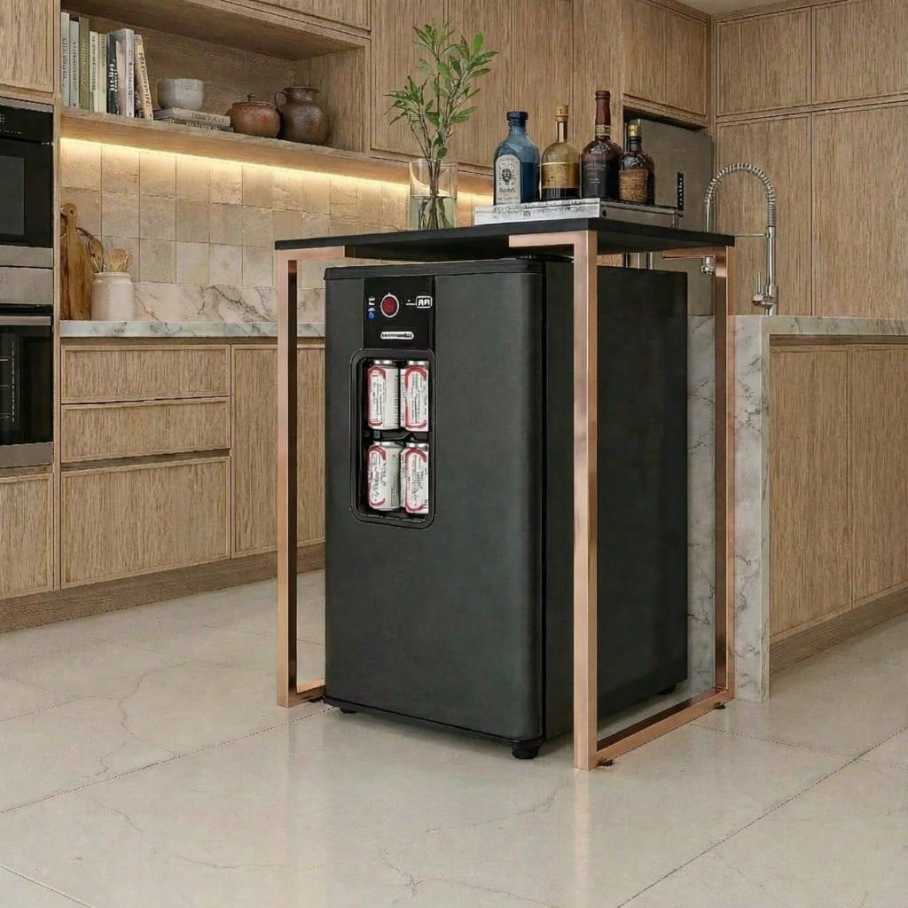 Mesa para Frigobar e Cervejeira Industrial Compacta Pés em Aço Rose Gold 68x45x90 cm