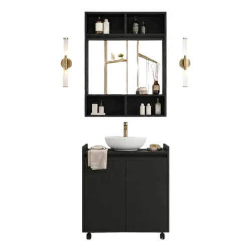 Kit Gabinete De Coluna 2 Porta Banheiro Com Armario Espelheira Nicho Preto em Oferta na Shopee