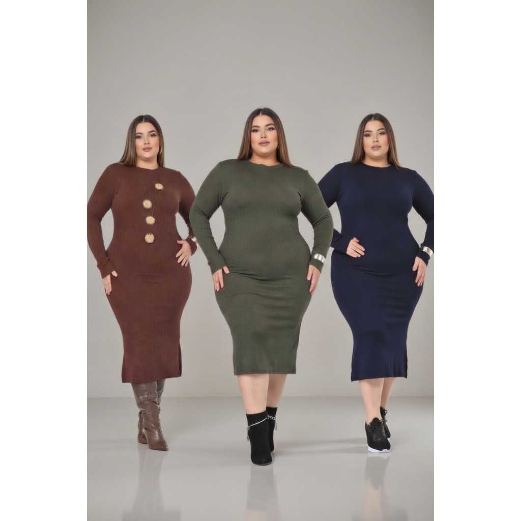 Vestido Midi Canelado Manga Longa Plus Size – Elegância e Conforto para Qualquer Ocasião