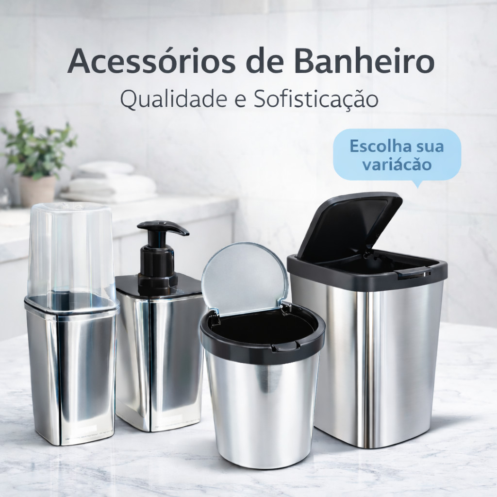 Monte seu Kit Inox - Utensilios Banheiro Lixeira com Tampa Click 9L / 10L Porta Sabonete e Porta Escova Prata