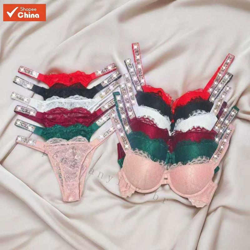 Conjunto de Lingerie Sexy de Renda 2026 com Strass Dourados, Sutiã Push-up 3/4 e Calcinha Biquíni 61VS