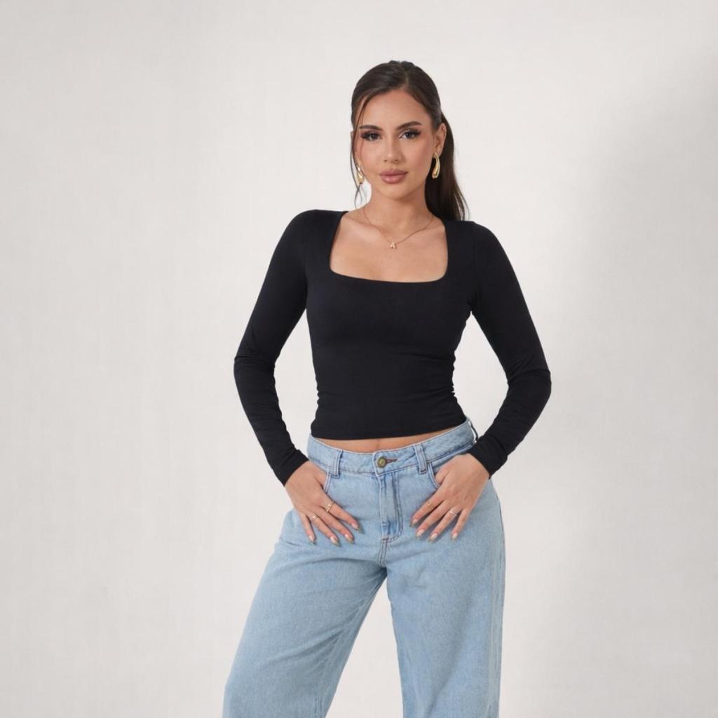 BLUSA MANGA LONGA FEMININA GOLA QUADRADA FORRADA INVERNO FRIO FORRADA ELEGANTE em Oferta na Shopee