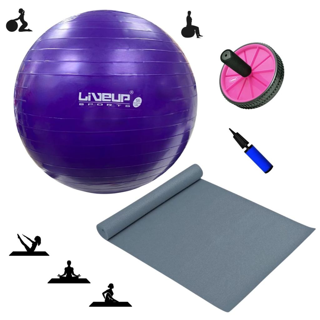 Kit Pilates e Yoga: Bola Suiça 55cm com Inflador + Colchonete Cinza + Roda Abdominal Rosa