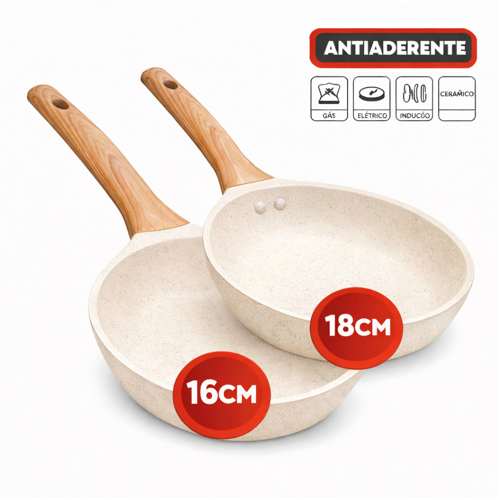 Frigideira Indução 16cm e 18cm Antiaderente em Alumínio Creme Revestimento Cerâmico Premium Cabo Madeira