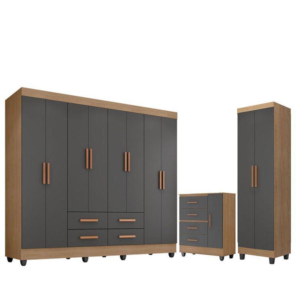 Guarda Roupa Casal Porto Cômoda Lite 4 Gavetas 01 Porta Armário Multiuso Nature Cinza Móveis Leão