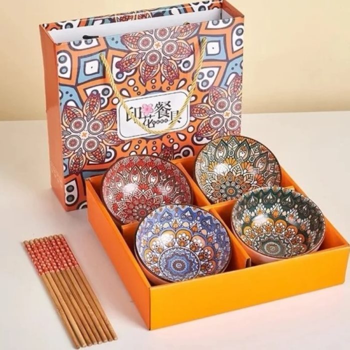 Presente Jogo Oriental 4 Pessoas Tigela Bowl Hashi Porcelana